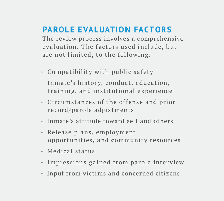 The review process involves a comprehensive evaluation. The factor used include but are not limted to: compatibility with public safety, offender's conduct and institutional experience, circumstances of the offense, inmates's attitude towards others, release plans and employment opportunities, medical status, and victim input.